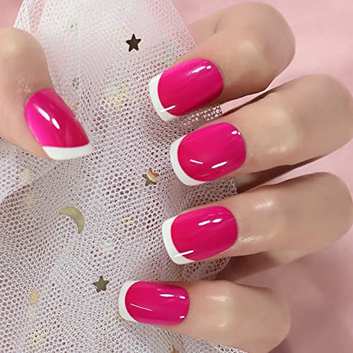 Short Rose Pink White French Squoval Press-On Nail Tips for Full Cover Daily Wear