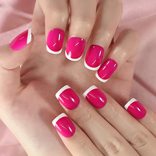 Short Rose Pink White French Squoval Press-On Nail Tips for Full Cover Daily Wear - Image 3