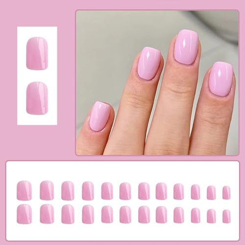 Short Square Fake Nails Artificial Pink Fake Nails with Nail Glue French Acrylic Nails with Solid Color Pastle Pink Purple Designs Full Cover False Nails Stick on Nails for Women and Girls 24 Pcs - Image 2
