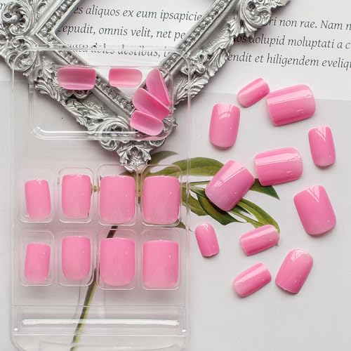 Short Square Fake Nails Artificial Pink Fake Nails with Nail Glue French Acrylic Nails with Solid Color Pastle Pink Purple Designs Full Cover False Nails Stick on Nails for Women and Girls 24 Pcs - Image 4