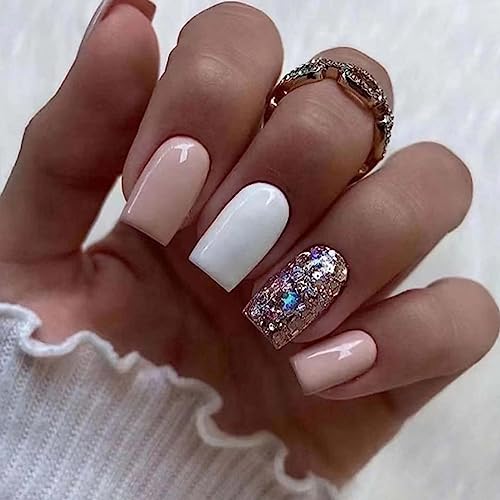 Short Square False Nails Glitter Press on Nails Solid Color Nails Tips Acrylic nude Fake Nails for Women and Girls 24Pcs