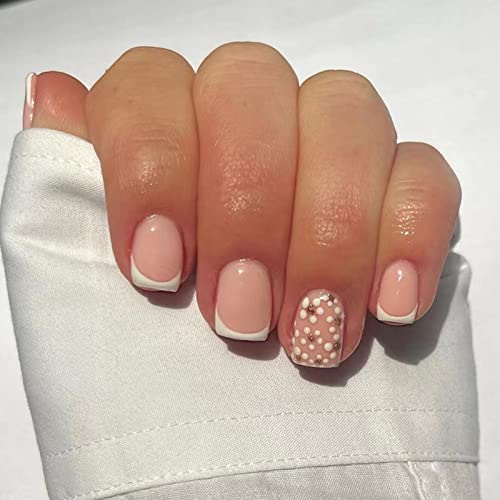 Short Square French Tip Press on Nails with White Acrylic Flower Design Full Cover for Women