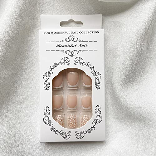 Short Square French Tip Press on Nails with White Acrylic Flower Design Full Cover for Women - Image 6
