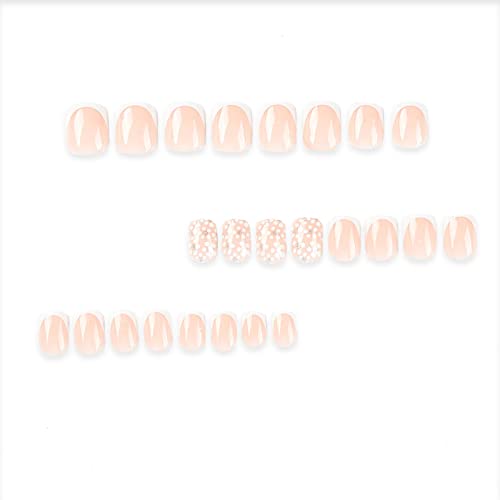 Short Square French Tip Press on Nails with White Acrylic Flower Design Full Cover for Women - Image 2