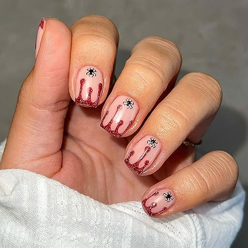 Short Square Press on Nails Halloween Fake Nails Horror Red Glitter Bleed Designs False Nails Blood Drop Spider Halloween Acrylic Nails Full Cover Red Nail Tips Stick on Nails for Women Girls, 24Pcs