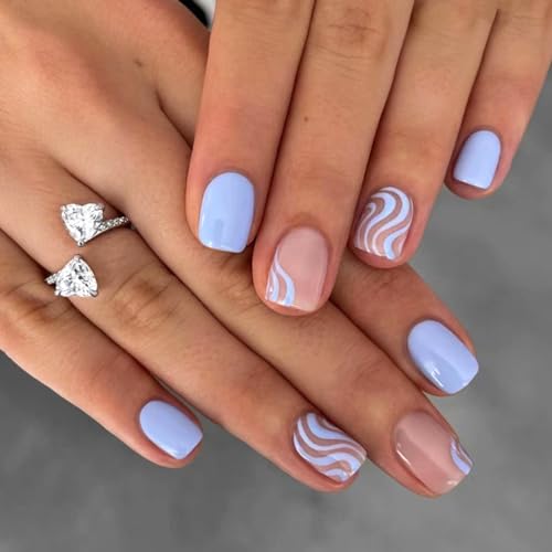 24 Pieces Short Square Press on Nails Kit Blue Swirl Design for Women & Girls
