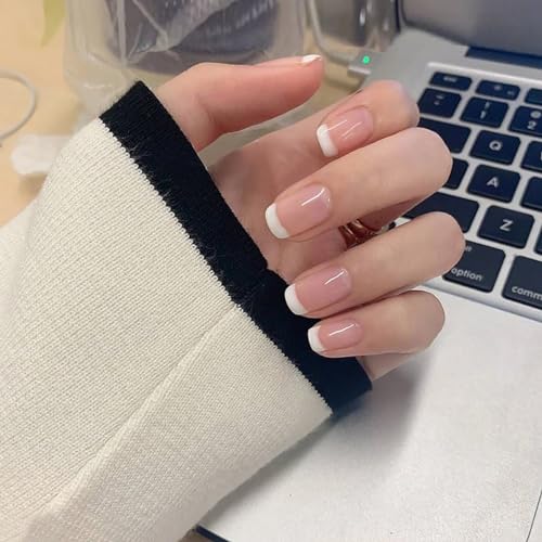 Short Square Press on Nails Pink Acrylic Fake Nails with White French Tips Designs Artificial Reusable False Nails Full Cover Nail Supplies Presson on Nails Glue on Nails for Women and Girls 24 Pcs