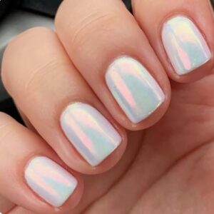 Short Square Press on Nails Solid White Color Fake Nails Acrylic Glossy French Nails with Cool Electroplating Chrome Designs Artificial Glue on False Nails DIY Stick on Nail for Women and Girls 24Pcs