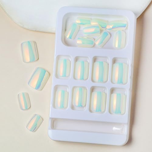 Short Square Press on Nails Solid White Color Fake Nails Acrylic Glossy French Nails with Cool Electroplating Chrome Designs Artificial Glue on False Nails DIY Stick on Nail for Women and Girls 24Pcs - Image 3