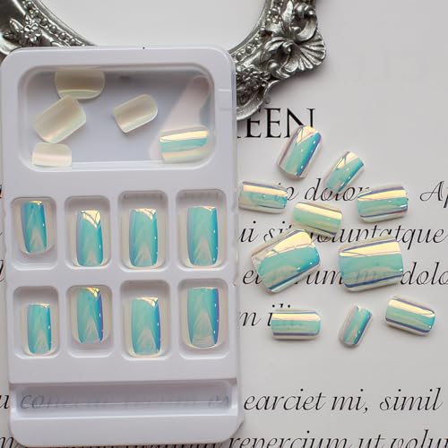 Short Square Press on Nails Solid White Color Fake Nails Acrylic Glossy French Nails with Cool Electroplating Chrome Designs Artificial Glue on False Nails DIY Stick on Nail for Women and Girls 24Pcs - Image 2