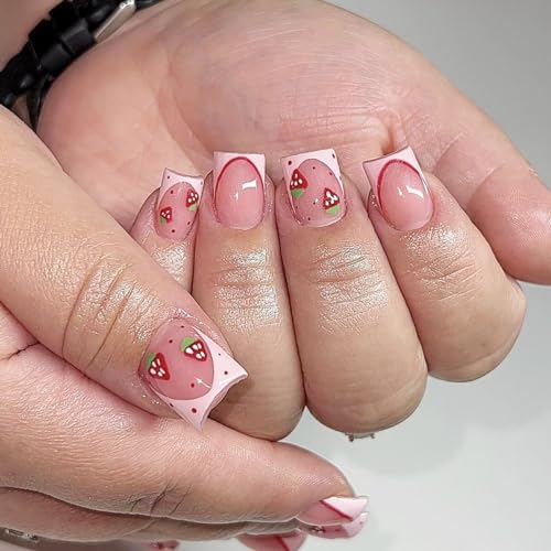 Short Square Press on Nails Valentines Day Fake Nails Pink French False Nails with Cute Strawberry Patterns Designs Artificial Acrylic Nails Glue on Nails for Women and Girls 24 Pcs Nail Accessories