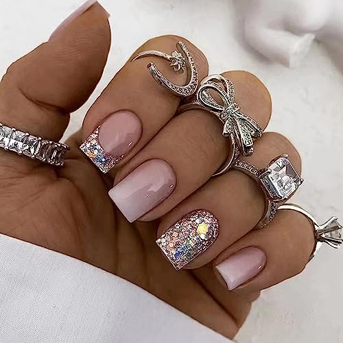 Short Square Glitter French Tip Press-On Nails Glossy Acrylic 24 Piece Set