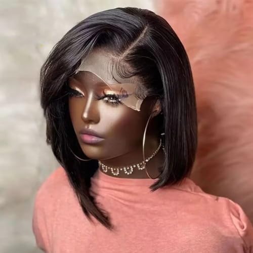 Short Straight Bob Wig 13x6 HD Transparent Lace Front Human Hair Wig Pre Plucked With Baby Hair Brazilian Virgin Hair for Black Women Side Part Short Wigs Natural Black Color 150% Density 10Inch