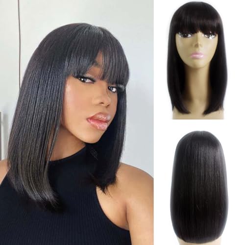 Short Straight Human Hair Wig with Bangs Wear and Go Glueless Wig for Women Brazilian Virgin Hair No Lace Front Machine Made Bob Wigs 180% Density Natural Black 14 Inch