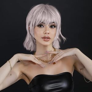 Short Straight Silver Wigs for Women - 12 inch Synthetic Layered Emo Wig with Bangs, 150% Glueless & Heat Resistant Wig with Blunt Cut Ending for Girls Daily Party Costume