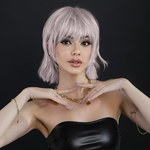 Short Straight Silver Wigs for Women - 12 inch Synthetic Layered Emo Wig with Bangs, 150% Glueless & Heat Resistant Wig with Blunt Cut Ending for Girls Daily Party Costume
