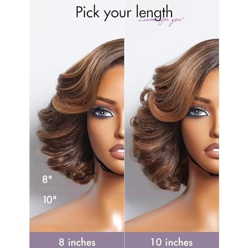 Short Wavy Ombre Brown Highlights Human Hair Bob Wig Ready to Wear 13x4 Realistic HD Lace Frontal Wigs Brazilian Remy Human Hair Bleached Knot Pre Cut Side Part Glueless Lace Wig 150 Density 10" - Image 3