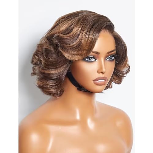 Short Wavy Ombre Brown Highlights Human Hair Bob Wig Ready to Wear 13x4 Realistic HD Lace Frontal Wigs Brazilian Remy Human Hair Bleached Knot Pre Cut Side Part Glueless Lace Wig 150 Density 10"