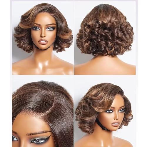 Short Wavy Ombre Brown Highlights Human Hair Bob Wig Ready to Wear 13x4 Realistic HD Lace Frontal Wigs Brazilian Remy Human Hair Bleached Knot Pre Cut Side Part Glueless Lace Wig 150 Density 10" - Image 4