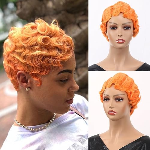 Short Wigs for Black Women Finger Wave Wig Orange Pixie Cut Curly Wig for Women Natural Looking Short Hair Wig Wavy Synthetic Hair Wigs (Orange)