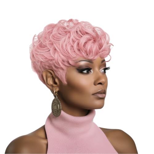 Short Wigs For Black Women Natural Black Pixie Cut Wig Short Layered Pixie Wigs For Black Women Black Hair Curly Wigs Glueless Wigs Synthetic Pixie Cut Wigs For Black Women (Pink)