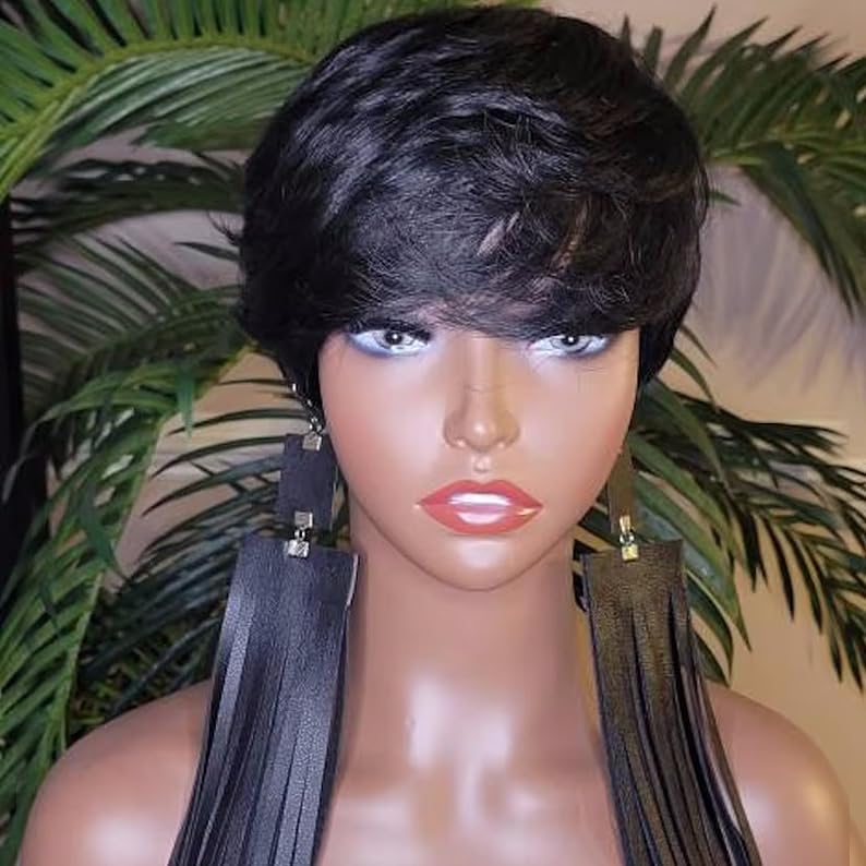 Short Wigs for Black Women Pixie Cut Wig Human Hair, Natural Black 1B Layered Swoop Bang Short Human Hair Wigs for Black Women, Glueless Wear And Go Wig Short-Cut Style Tapered Wig