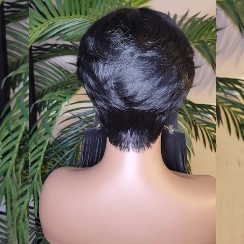 Short Wigs for Black Women Pixie Cut Wig Human Hair, Natural Black 1B Layered Swoop Bang Short Human Hair Wigs for Black Women, Glueless Wear And Go Wig Short-Cut Style Tapered Wig - Image 4