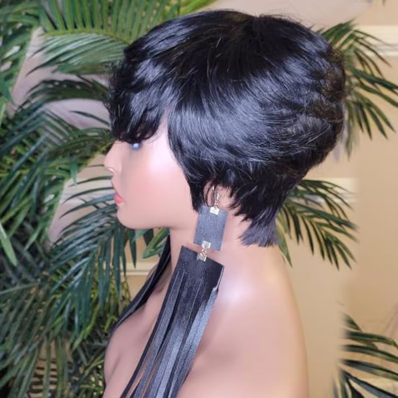 Short Wigs for Black Women Pixie Cut Wig Human Hair, Natural Black 1B Layered Swoop Bang Short Human Hair Wigs for Black Women, Glueless Wear And Go Wig Short-Cut Style Tapered Wig - Image 3