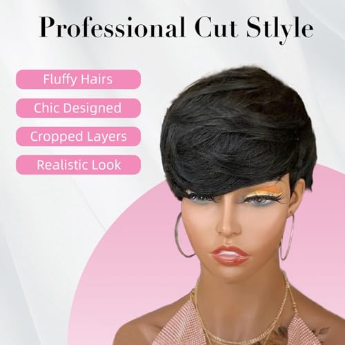 Short Wigs for Black Women Pixie Cut Wig Human Hair, Natural Black 1B Layered Swoop Bang Short Human Hair Wigs for Black Women, Glueless Wear And Go Wig Short-Cut Style Tapered Wig - Image 5