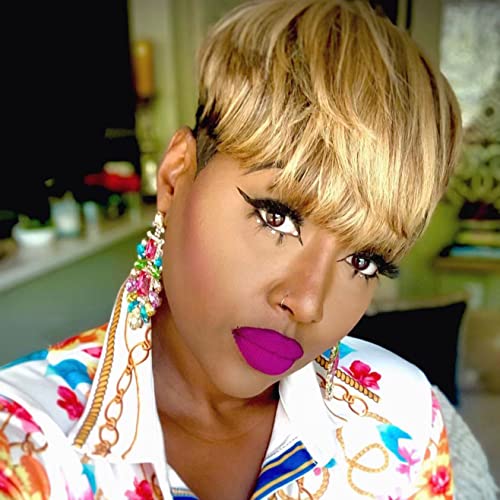 Short Wigs Pixie Cut Wig Short Hair Wigs with Bangs Natural Mix Blonde Wigs, Short Wigs for Black/White Women Pixie Wig Synthetic Wigs (mix -1)