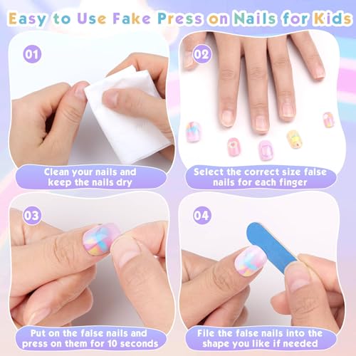 Shynek Kids Press Nails for Girls, 168Pcs Children Fake Nails Pre Glue Nail Stickers Full Cover Short False Nails Set for Girls Gift Nail Art Decoration - Image 5