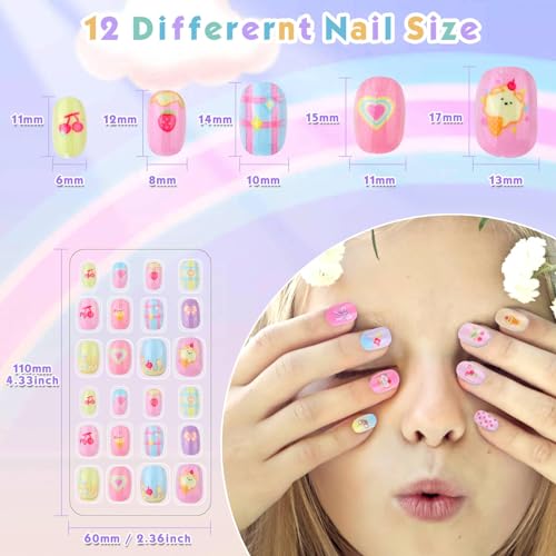Shynek Kids Press Nails for Girls, 168Pcs Children Fake Nails Pre Glue Nail Stickers Full Cover Short False Nails Set for Girls Gift Nail Art Decoration - Image 4
