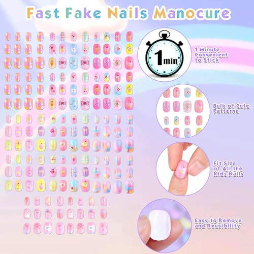 Shynek Kids Press Nails for Girls, 168Pcs Children Fake Nails Pre Glue Nail Stickers Full Cover Short False Nails Set for Girls Gift Nail Art Decoration - Image 3