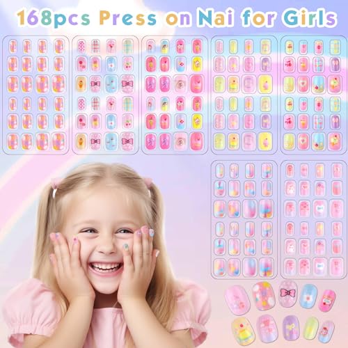 Shynek Kids Press Nails for Girls, 168Pcs Children Fake Nails Pre Glue Nail Stickers Full Cover Short False Nails Set for Girls Gift Nail Art Decoration - Image 2