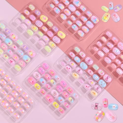 Shynek Kids Press Nails for Girls, 168Pcs Children Fake Nails Pre Glue Nail Stickers Full Cover Short False Nails Set for Girls Gift Nail Art Decoration