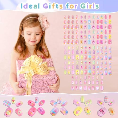 Shynek Kids Press Nails for Girls, 168Pcs Children Fake Nails Pre Glue Nail Stickers Full Cover Short False Nails Set for Girls Gift Nail Art Decoration - Image 7
