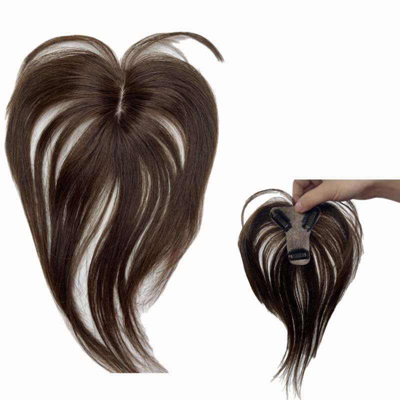 Silk Base Fringe Human Hair Topper For Women Thin 18g Middle Part Clip In Toupee With 3D Air Bang Hair 10inch Straight Hair Bangs Wiglets Hairpieces Light (Brown)