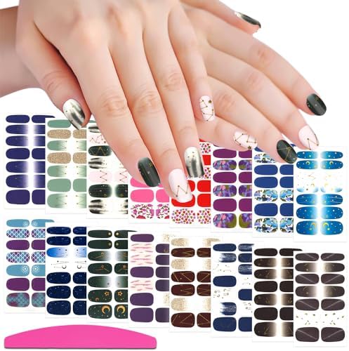 SILPECWEE 16 Sheets Nail Wraps Nail Polish Strips for Women Glitter Sequin Star Moon Gold Foil Nail Stickers Self Adhesive Nail Polish Stickers Fingernail Manicure Sticker with 1pc Nail File