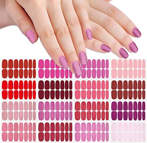 SILPECWEE 16 Sheets Red Glitter Nail Wraps for Women Solid Color Nail Polish Strips Self Adhesive Nail Polish Stickers Fingernail Manicure Sticker Nail Art with 1pc Nail File (Lovely Color)