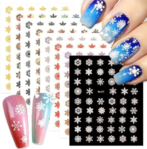 SILPECWEE 8 Sheets Snowflake Nail Art Stickers Decals for Women Kids Christmas Nail Stickers Self-Adhesive Metallic Nail Design Stickers 3D Acrylic Nail Decoration