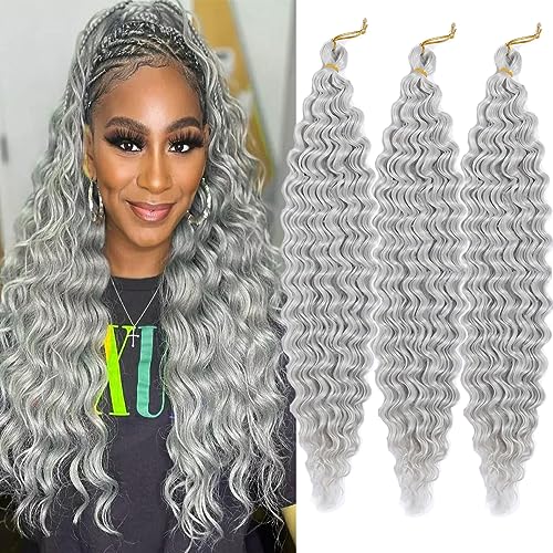 Silvery White Curly Braiding Hair 18 Inch Ocean Wave Crochet Hair for Goddess Braids 3 Packs Deep Wave Braiding Hair for Women(3Packs, Silvery#)