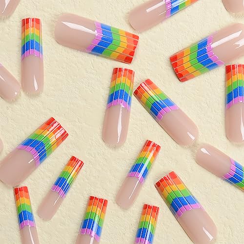 SINHOT Long Square Press on Nails Squoval French Tip Fake Nails Glossy Glue on Nails Acrylic Nails Rainbow Colors False Nails with Designs 24 pcs - Image 3