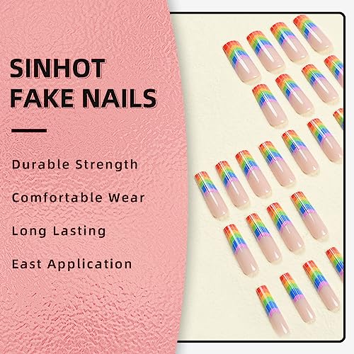 SINHOT Long Square Press on Nails Squoval French Tip Fake Nails Glossy Glue on Nails Acrylic Nails Rainbow Colors False Nails with Designs 24 pcs - Image 5