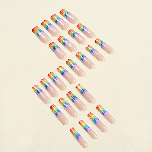 SINHOT Long Square Press on Nails Squoval French Tip Fake Nails Glossy Glue on Nails Acrylic Nails Rainbow Colors False Nails with Designs 24 pcs - Image 4