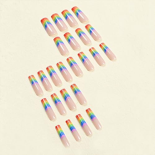 SINHOT Long Square Press on Nails Squoval French Tip Fake Nails Glossy Glue on Nails Acrylic Nails Rainbow Colors False Nails with Designs 24 pcs - Image 2