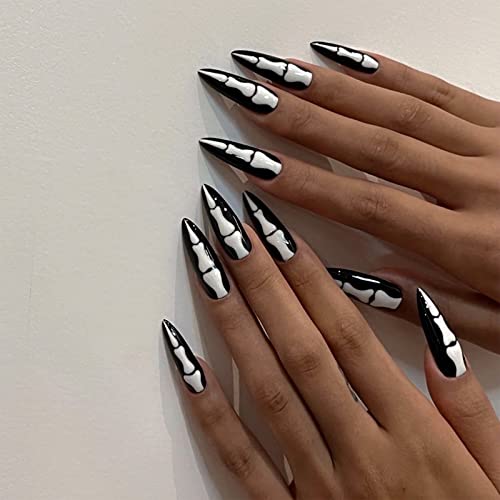 SINHOT Long Stiletto Press on Nails Almond Black Fake Nails Glossy Glue on Nails Gothic Style Acrylic Nails White Bones False Nails with Designs 24 pcs