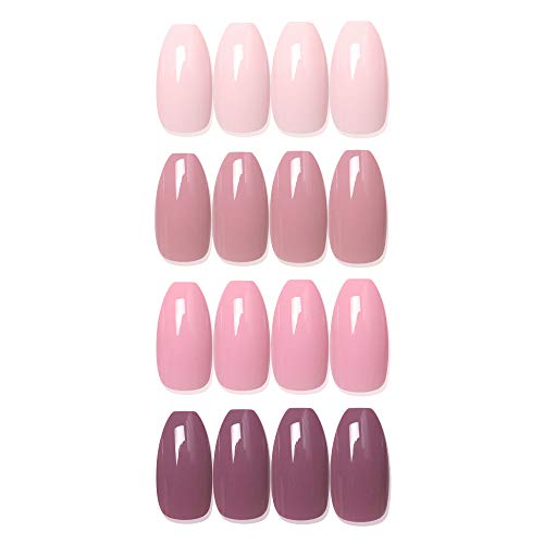 SIUSIO 96 Pcs Colorful Coffin Nails Full Cover Press on UV Top Coat Covered Fall Pure Color Maple Leaf Red Ballet Acrylic Fake Nail Medium Ballerina False Gel Nails Art Tips for Women and Girls (Pink)