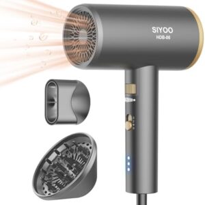 SIYOO 1600W Gold Ionic Hair Dryer with Diffuser Lightweight Design