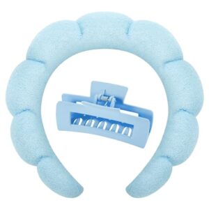 Skincare Headbands for Women, Makeup Spa Headband Bubble Face Wash Headbands for Washing Face or Facial with Hair Clips, Thick Hair Cute Puffy Sponge Head Hair Band for Women Girls Headwear (Blue)