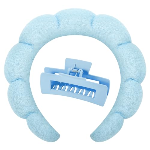 Skincare Headbands for Women, Makeup Spa Headband Bubble Face Wash Headbands for Washing Face or Facial with Hair Clips, Thick Hair Cute Puffy Sponge Head Hair Band for Women Girls Headwear (Blue)